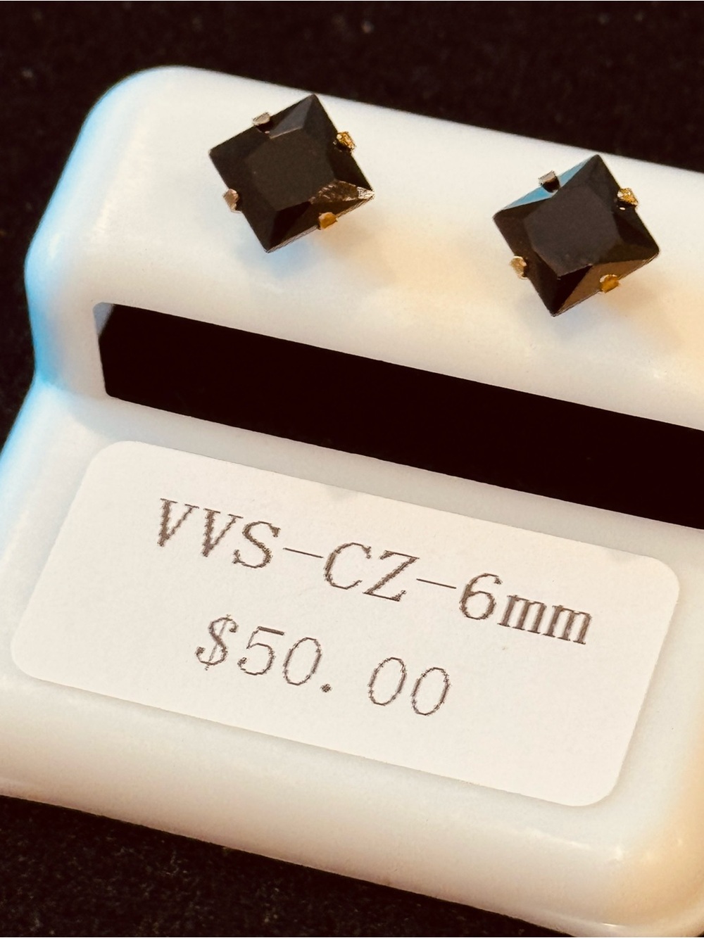 NWT AJ USA Black CZ 6mm Princess Cut Stud Earrings Stainless Steel
